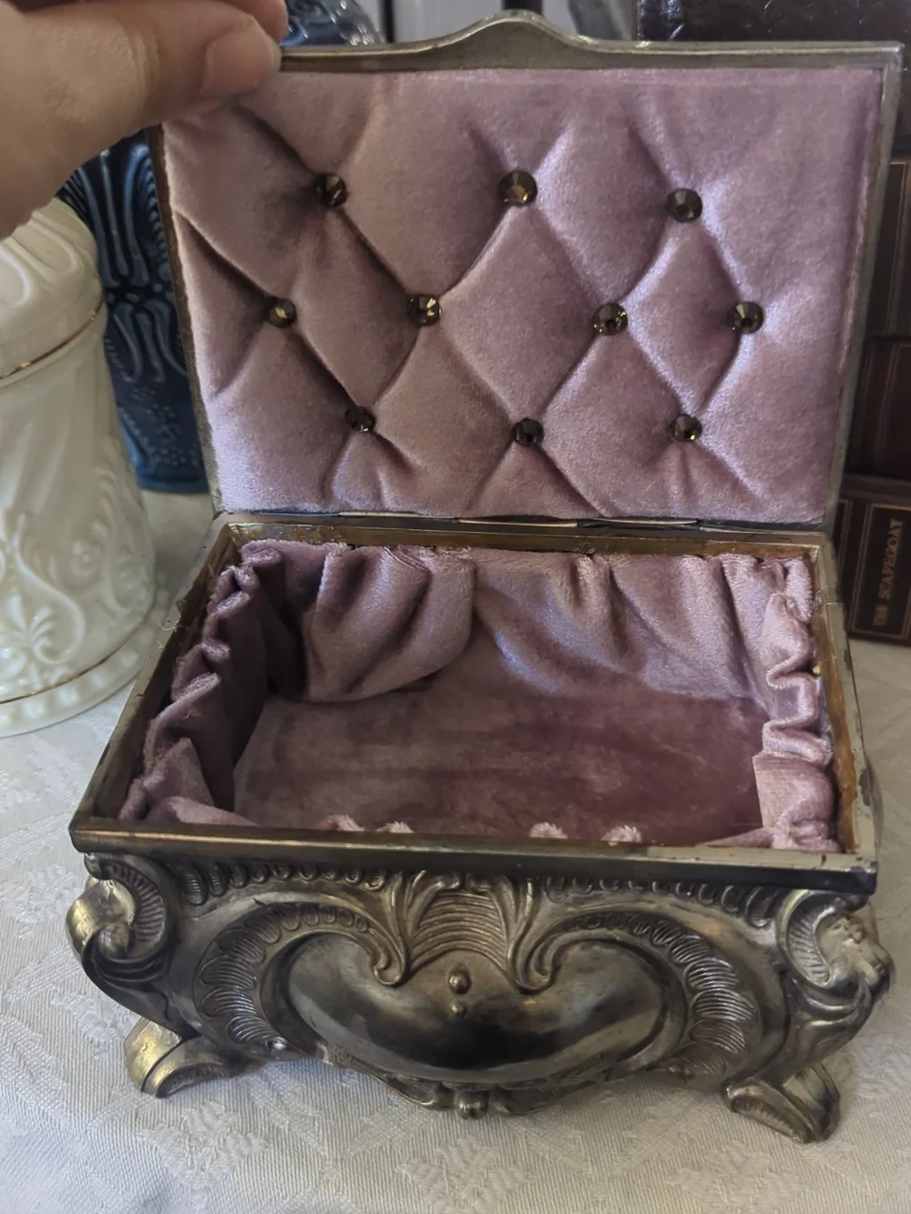 Ornate Metal Jewelry Casket – Hand-Restored Velvet Interior